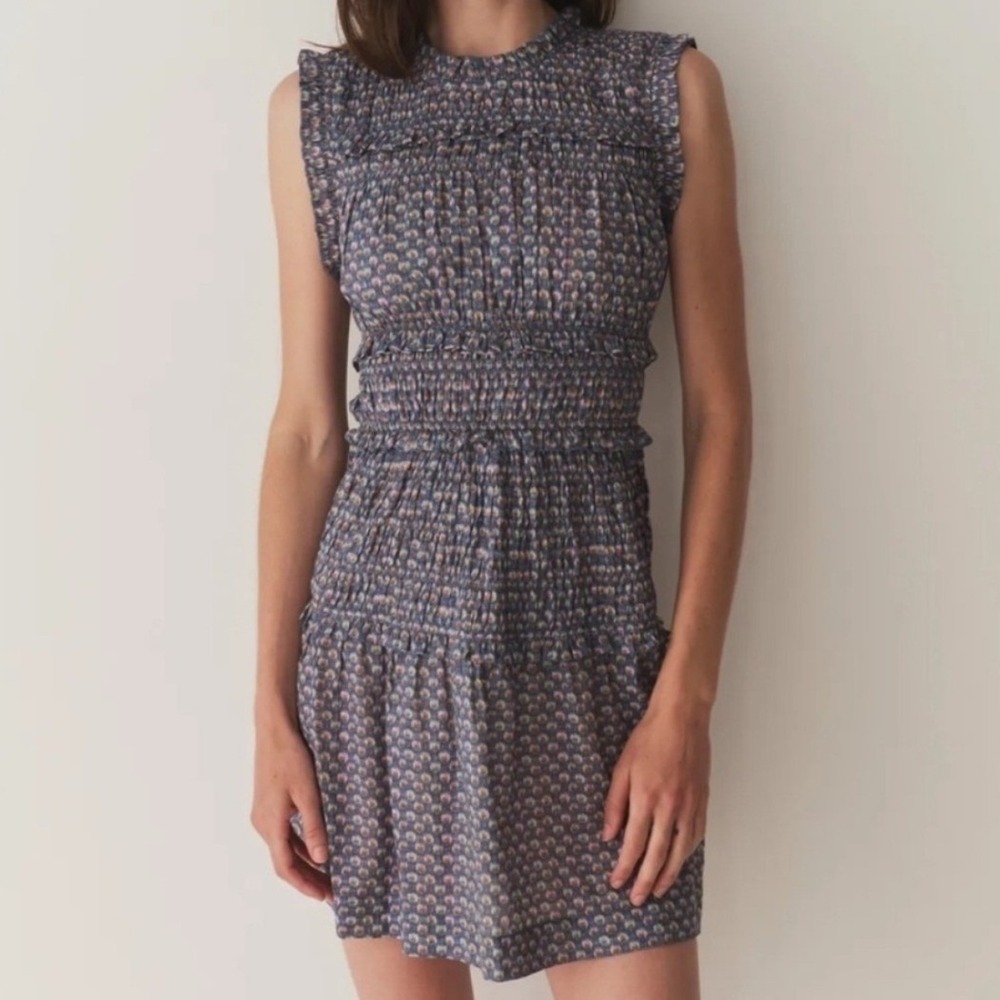 DÔEN Tracie Dress Womens L Dahlia Ikat Blue Floral Cotton Smocked Mini Ruffle